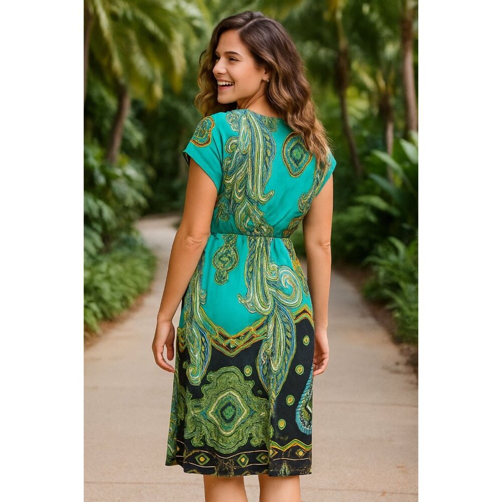 5th Love Large Turquoise Lime Green Black Printed Boho Dress Summer Vacation - Picture 4 of 13